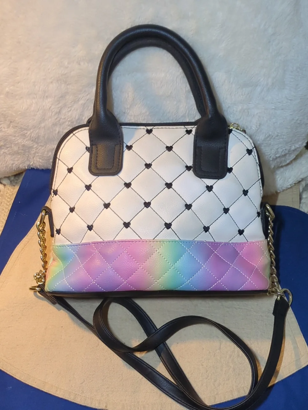 Betsey Johnson White Quilted Satchel with Pastel Rainbow Base NOW ONLY $35